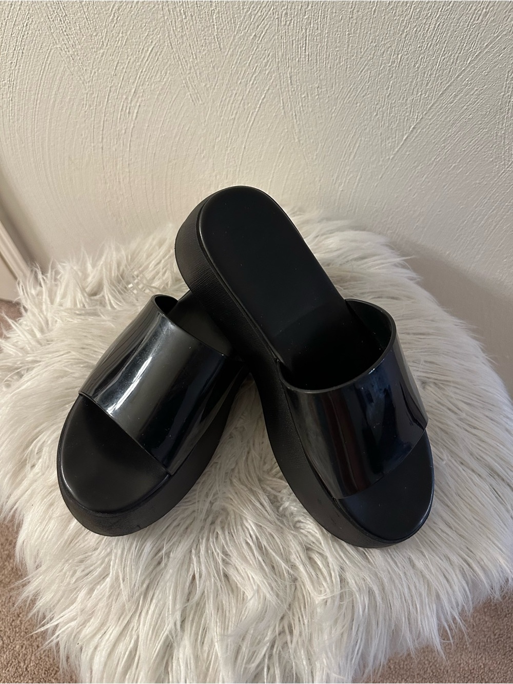 Billini Solar Black Gloss Platform Slide Sandals 8!